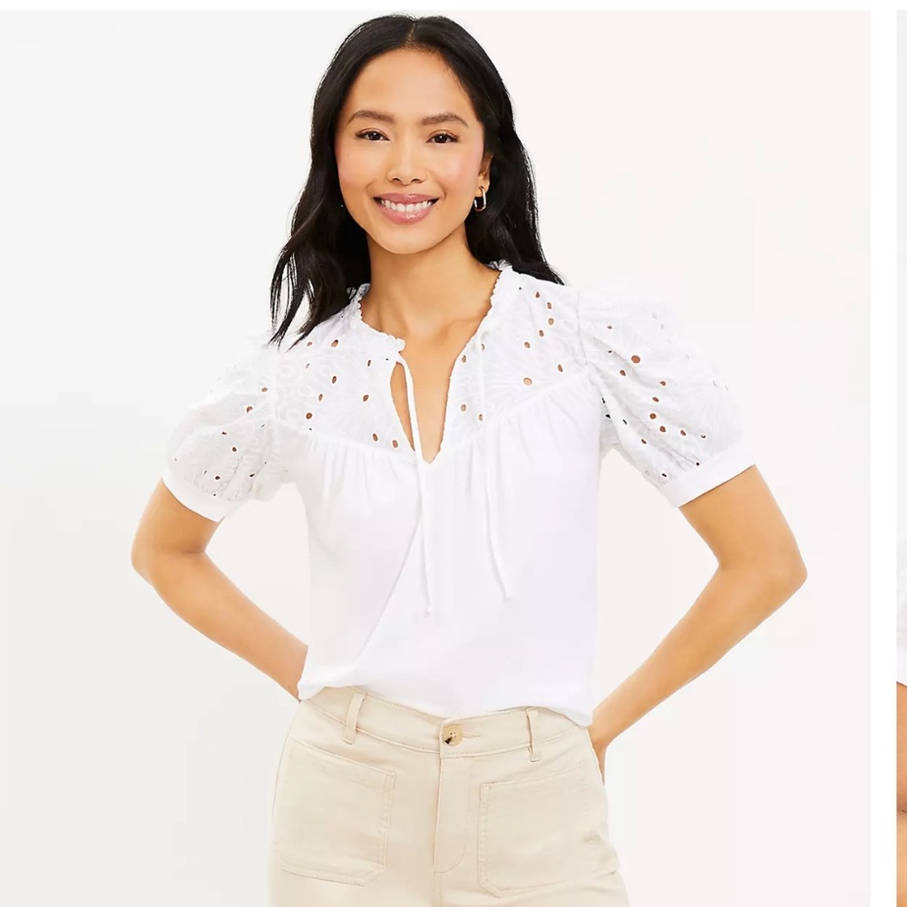 Loft Eyelet Puff Sleeve Tie Neck Top